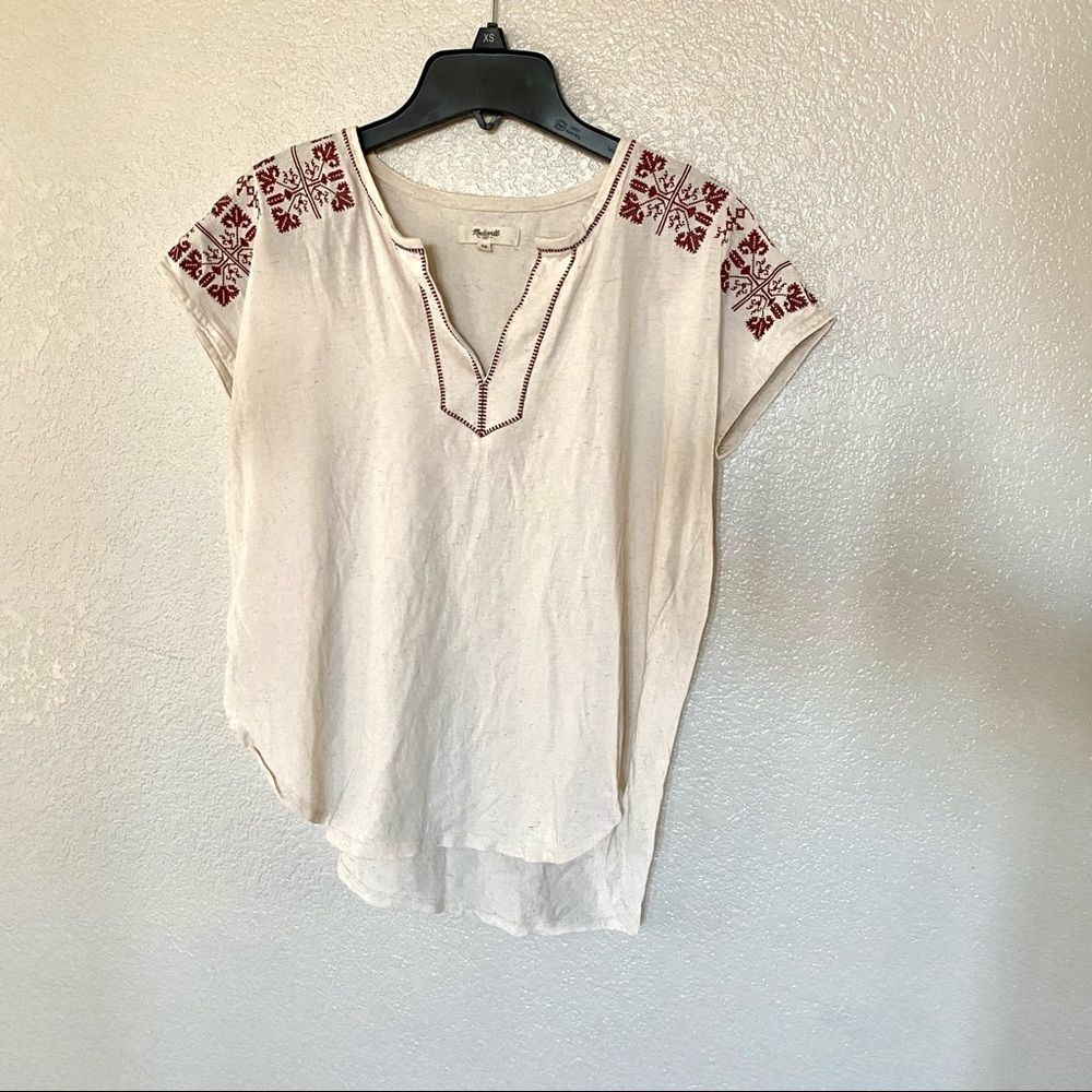 Madewell Embroidered Split Neck Top Ivory Red Cotton Linen XS - Picture 4 of 8